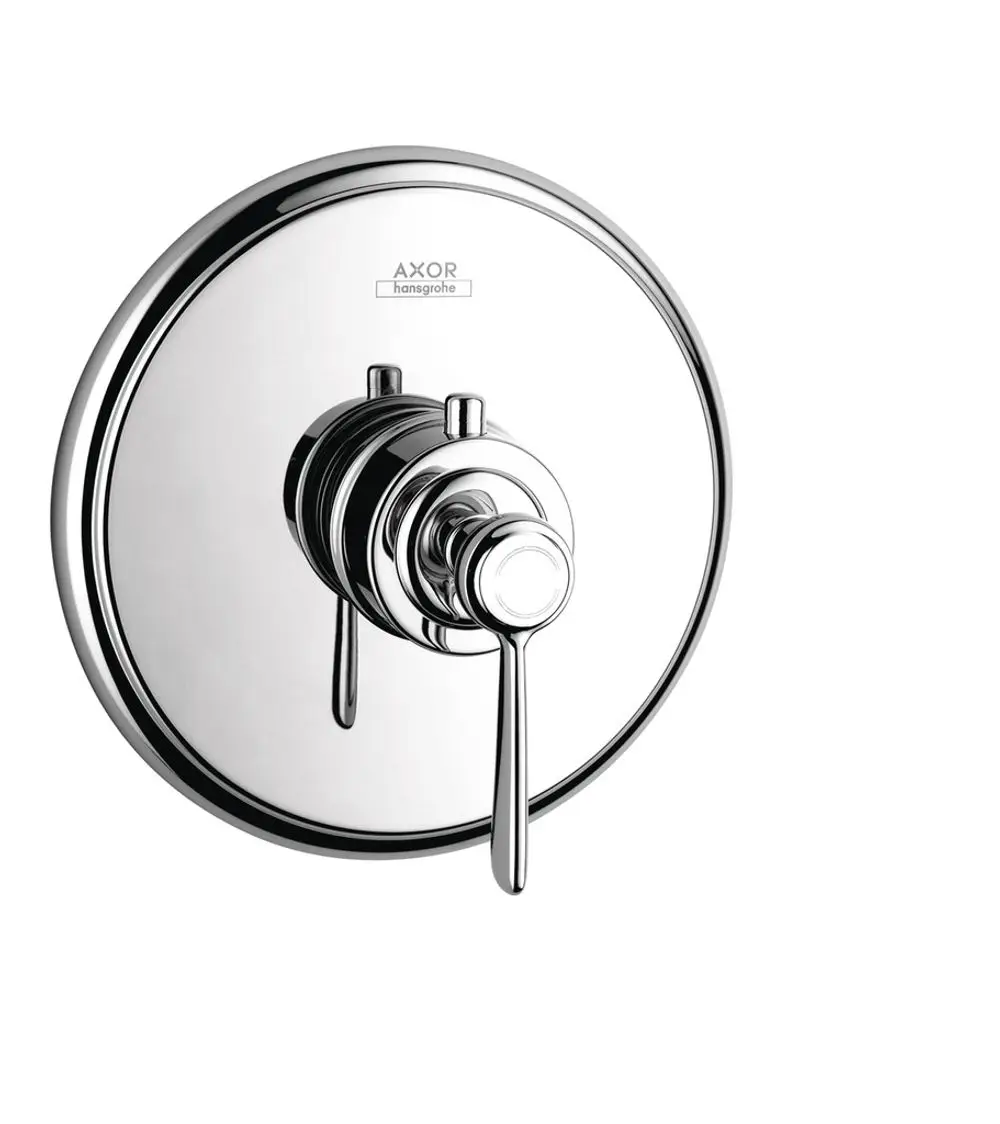 Thermostatarmatur von AXOR mit Hebelgriff, eingelassen in die Wand. Die Oberfläche hat eine glänzende Edelstahl-Optik und rundes Design.